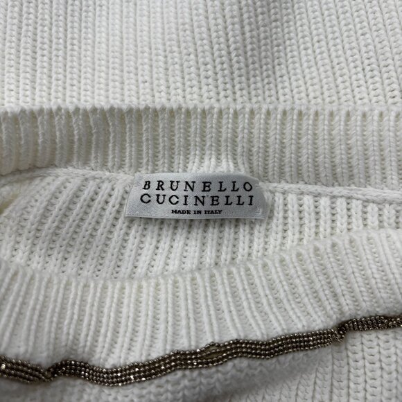 Brunello Cucinelli Womens White Knit Sweater With Metallic Trim Detail Size L Ma - Picture 4 of 11